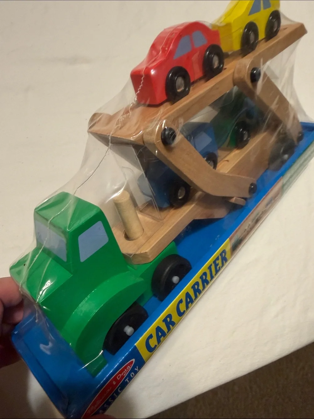 Melissa & Doug Wooden Car Carrier with Green Truck and Colorful Cars